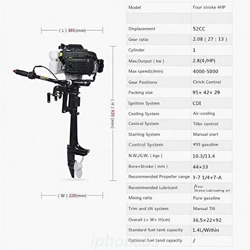 Miumaeov Outboard Trolling Motor 3.6HP 2 Stroke Inflatable Shaft Fishing Boat Engine Propeller CDI Control Air Cooling System Heavy Duty Tiller Shaft