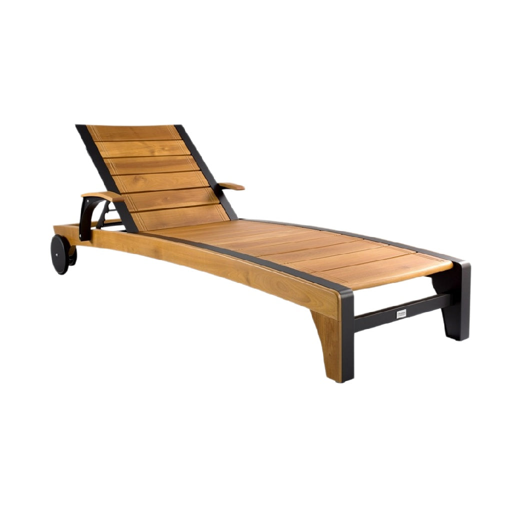 "Stylish Wooden Lounger with Wheels for Outdoor Relaxation"