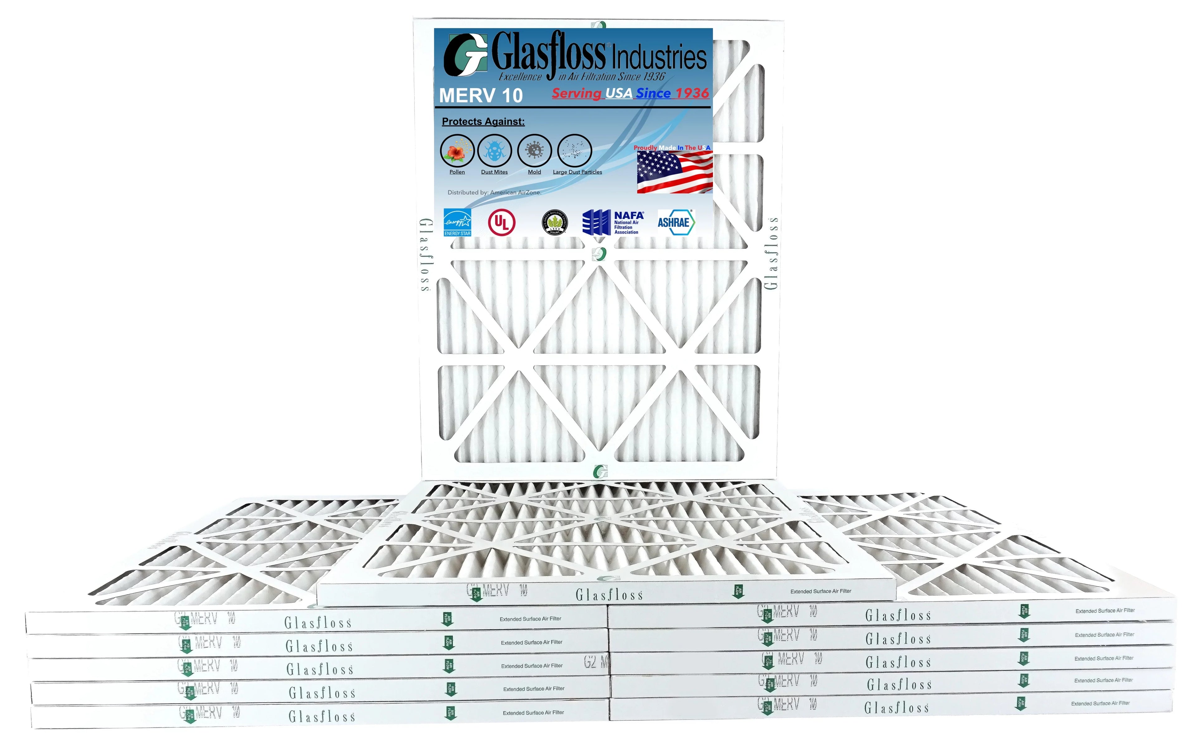 Glasfloss 22x28x1 - MERV 10 -Qty:12 - Furnace Air Filter - Made in USA (Actual Size: 21.5 x 27.5x7/8 inch)