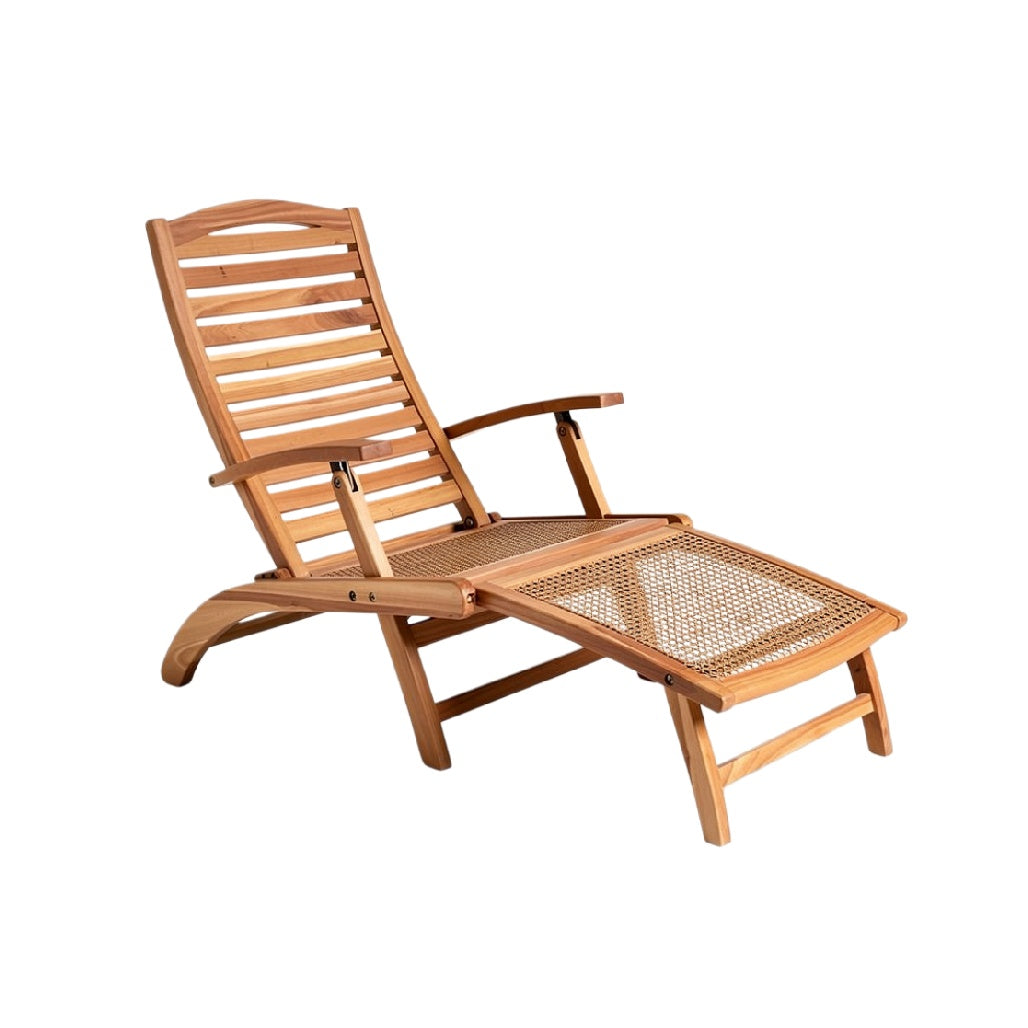 Wooden Lounge Chair with Adjustable Recline and Rattan Seat