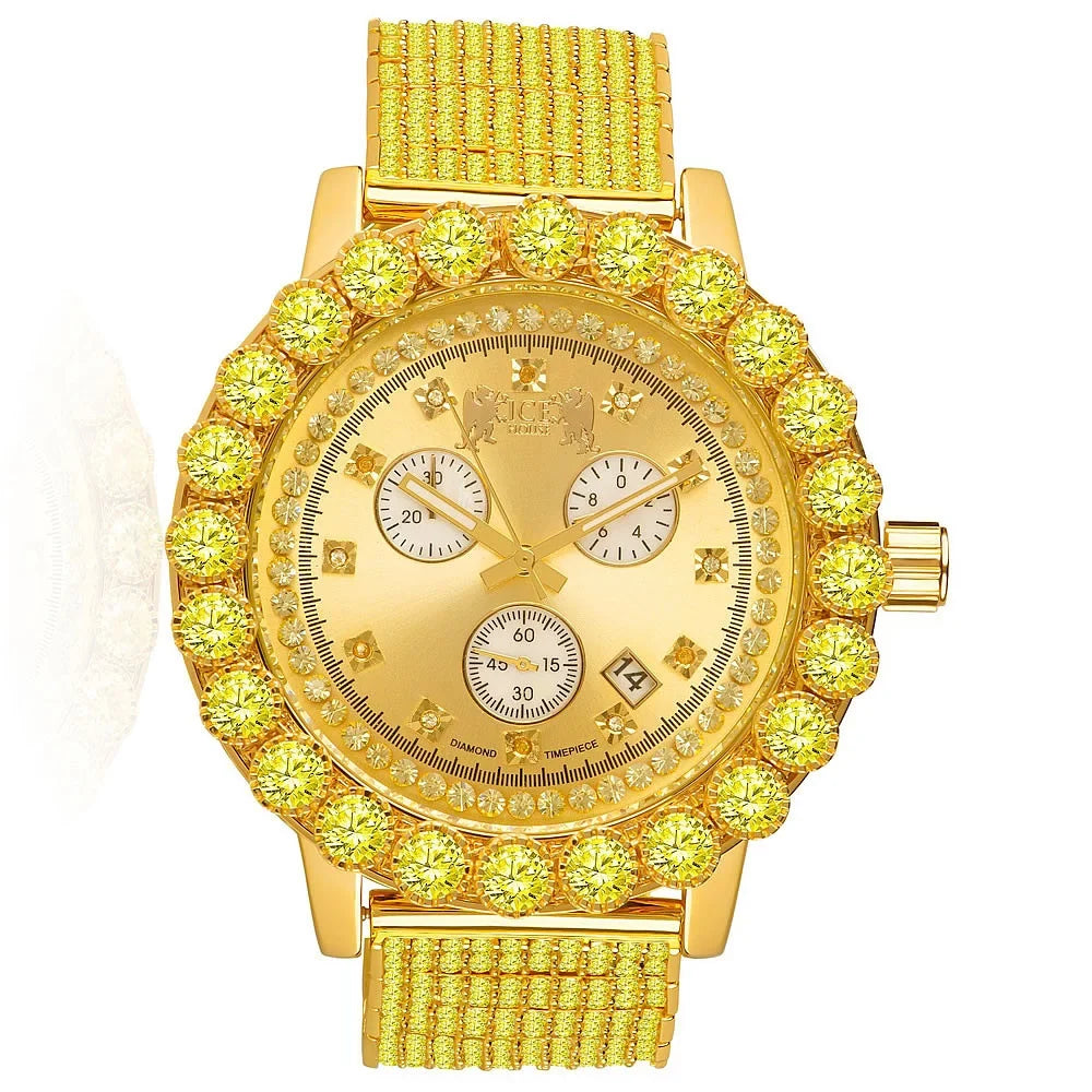 Canary Exclusive Custom Piece Celebrity Inspired Lab Diamonds Gold Tone Iced Out Khronos Jo Rodeo Watch Timestamp Function