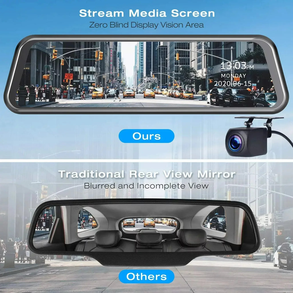 Bileeko Car Mirror Dashcam 10 inch IPS Full Touch Screen Dual Lens Rear View Backup Camera, Parking Monitor, Loop Recording