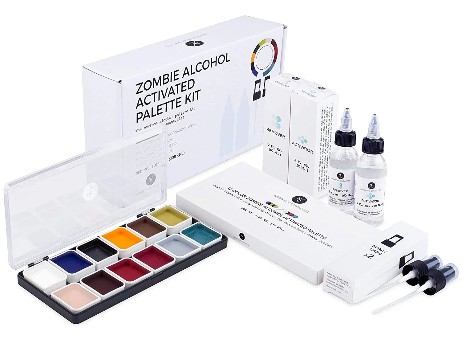 Narrative Cosmetics 12 Color Zombie Alcohol Activated Makeup Palette Kit - Includes Alcohol Activator and Moisturizing Remover - Waterproof SFX Makeup for Professional Makeup Artists