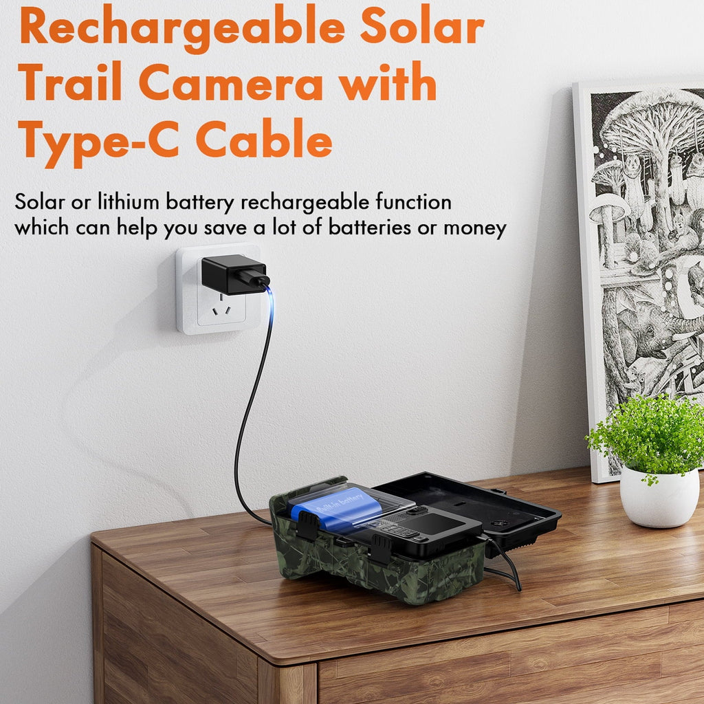 CAMPARK Solar Trail Camera 24MP 1080P 2500mAh Built-in Lithium Battery Rechargeable Game Camera with Night Vision Waterproof IP66 0.1s Trigger Speed 120°Wide Angle 2.0" LCD Hunting Cam with SD Card