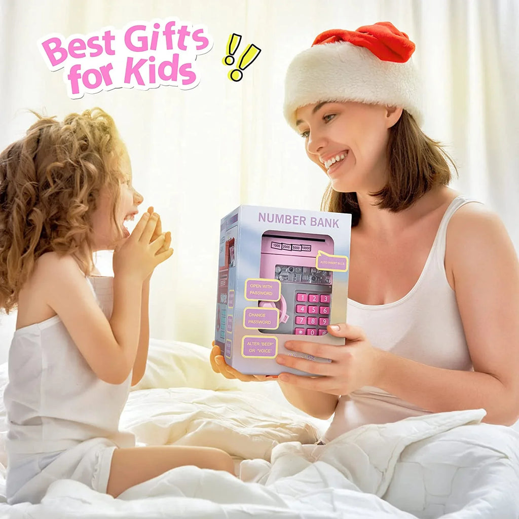 Mini ATM Savings Piggy Bank Toy Real Money Savings Kids Girls Boys Adult Electronic ATM Machine Coin Bank Money Saving Digital Password Cash Safe Box Gifts for Kids (Pink/Silver)