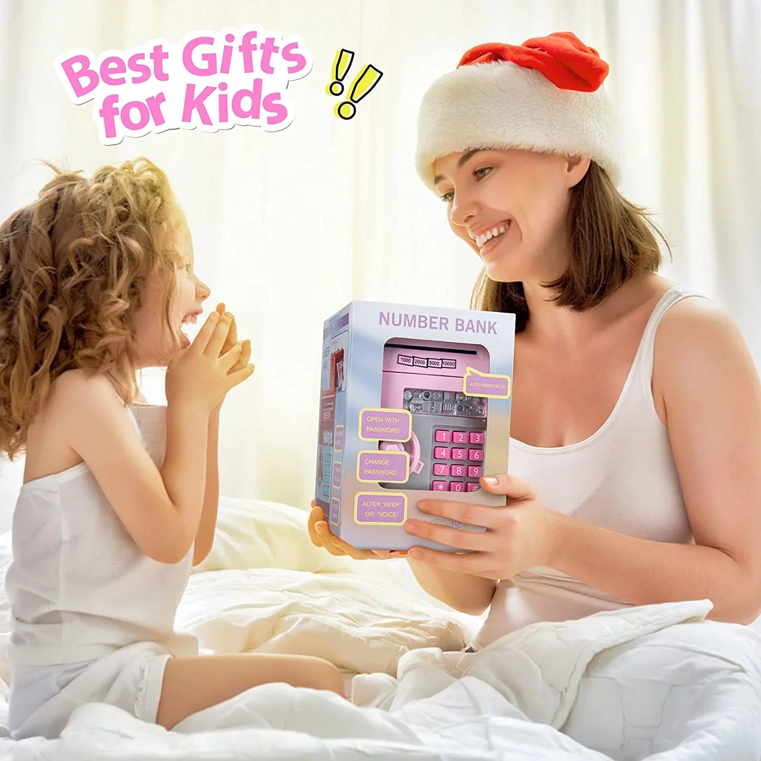 Mini ATM Savings Piggy Bank Toy Real Money Savings Kids Girls Boys Adult Electronic ATM Machine Coin Bank Money Saving Digital Password Cash Safe Box Gifts for Kids (Pink/Silver)