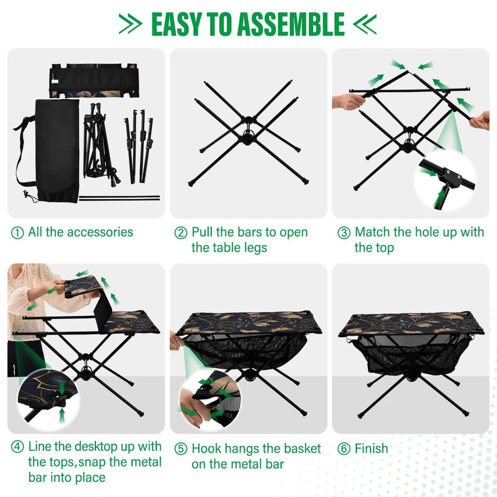 Flower on Midnight Camping Folding Table Portable Beach Table with Storage Bag Compact Picnic Table for Outdoor Travel Fishing BBQ