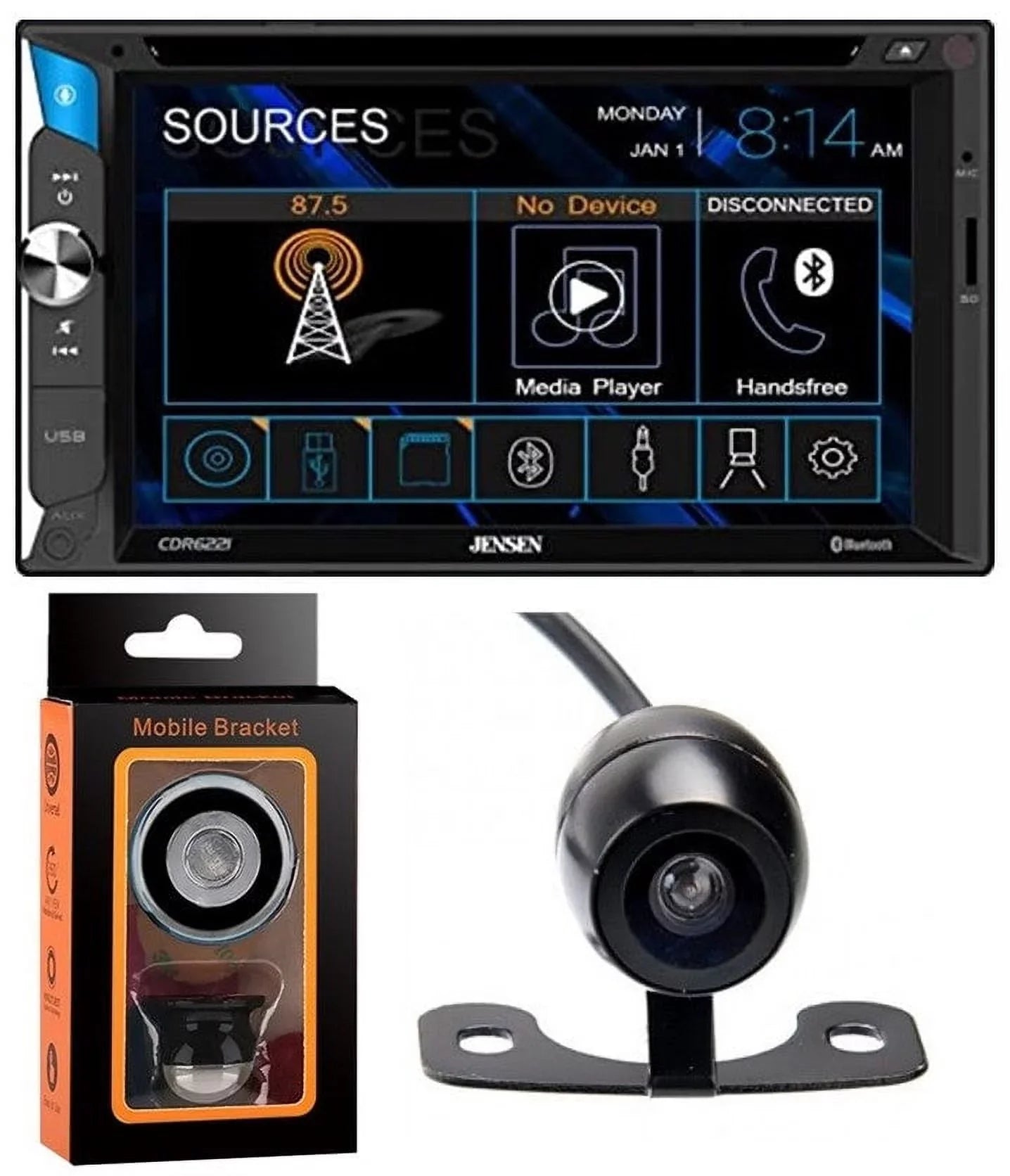 Jensen CDR6221 6.2" Touchscreen LCD Multimedia Car Receiver with Bluetooth, Front USB Input + Absolute CAM570 License Plate Rare Camera + Magnet Phone Holder