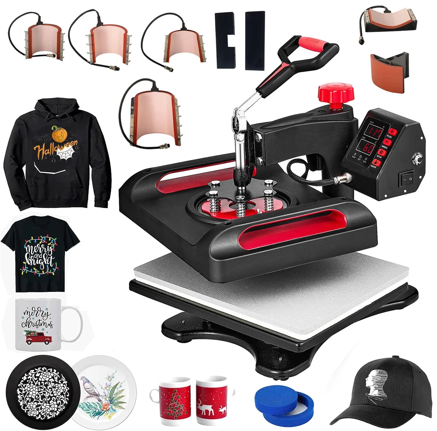 Red Heat Press Machine 8 in 1, 12 x 15 Inches Sublimation Transfer Printer, Digital Precise LCD Control Printing, 360 Swing Away Vinyl Transfer Printer for T-Shirts, Canvas Bag, Pillow, Banner