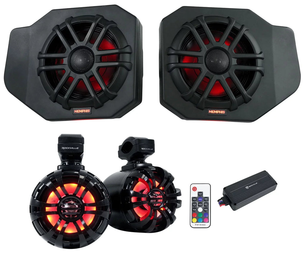 Pair Memphis Audio RNGR65FE Pods+LED Tower Speakers+Amp For 2018+ Polaris Ranger