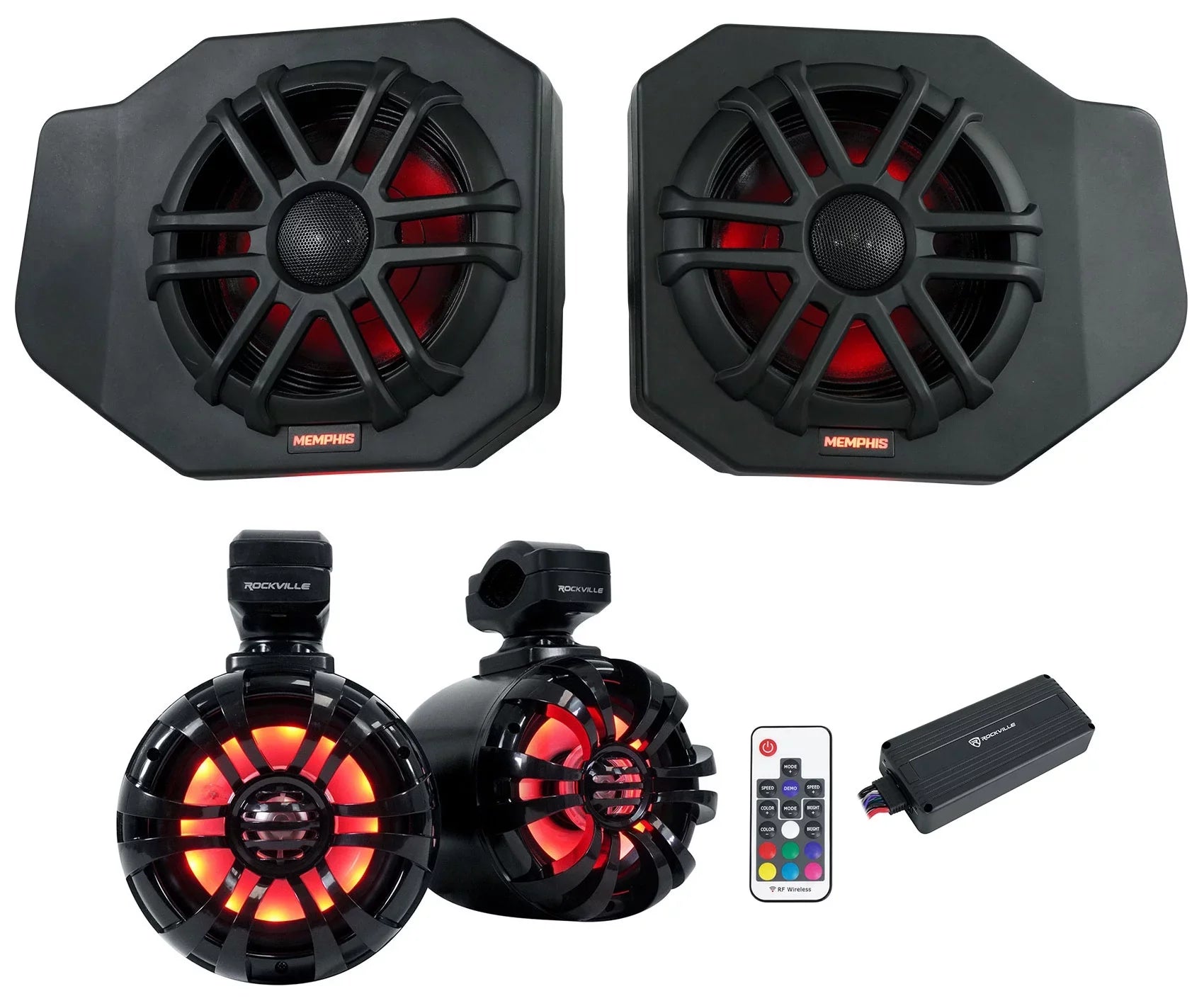 Pair Memphis Audio RNGR65FE Pods+LED Tower Speakers+Amp For 2018+ Polaris Ranger
