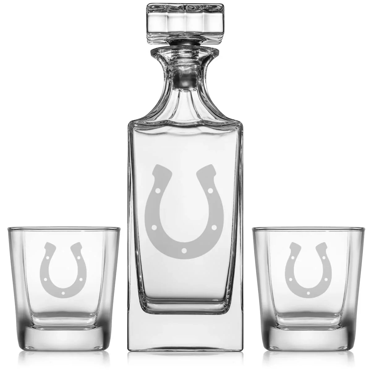 Whiskey Decanter Gift Set With 2 Whiskey Old Fashioned Rocks Glasses Horseshoe