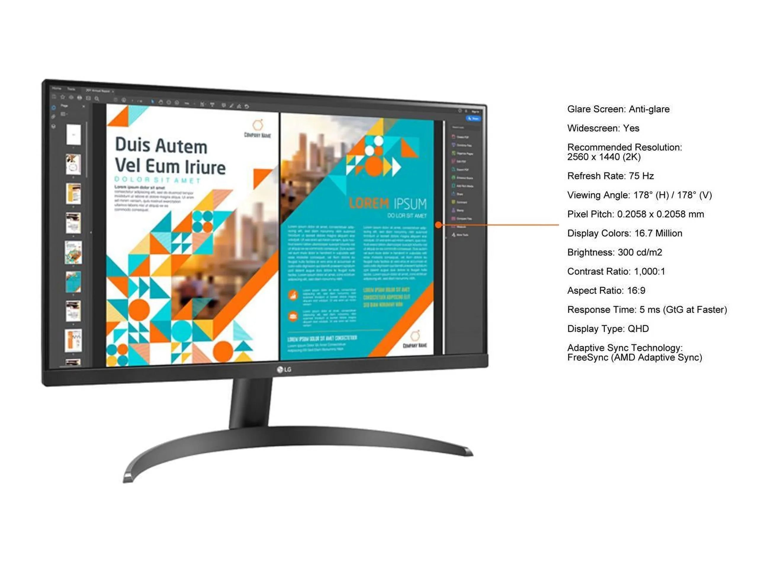 LG 24" 24QP500-B 2560 x 1440 QHD 2K IPS 75Hz HDR10 AMD FreeSync HDMI DisplayPort VESA Tilt Monitor