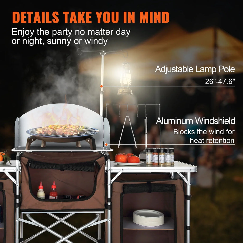 SKYSHALO Folding Portable Cook Table 3 Cupboards Brown Camping Kitchen Table