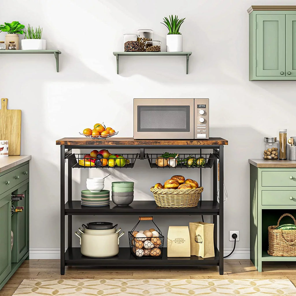 TJUNBOLIFE Kitchen Island with Industrial Island Table with Power Outlets and Wire Baskets 3 Tier Microwave Oven Stand Butcher Block Island with Large Worktop 4 Hooks Rustic Brown