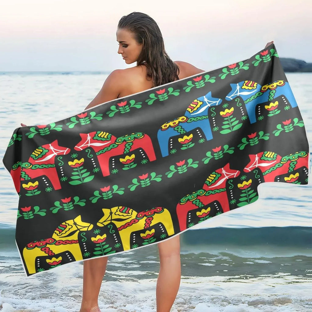 Bestwell Swedish Dala Horse Beach Towel - Lightweight Compact Oversized Travel Towels - Super Absorbent Quick Dry Towel for Swimming Camping Holiday（350）