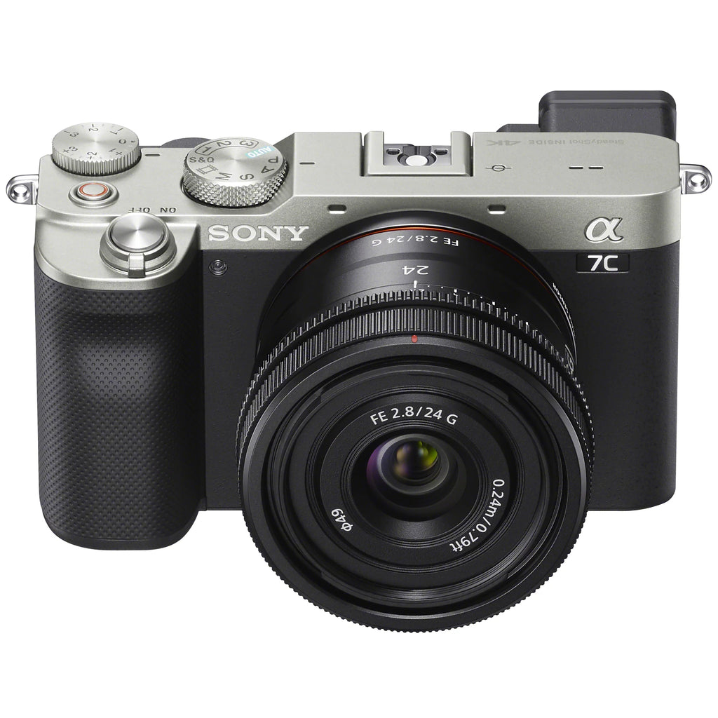Sony a7C Mirrorless Full Frame Camera Body with Sony FE 24mm F2.8 G Compact Lens SEL24F28G Silver ILCE7C/S Bundle with Deco Gear Photography Backpack Case + Microphone + LED + Monopod and Accessories