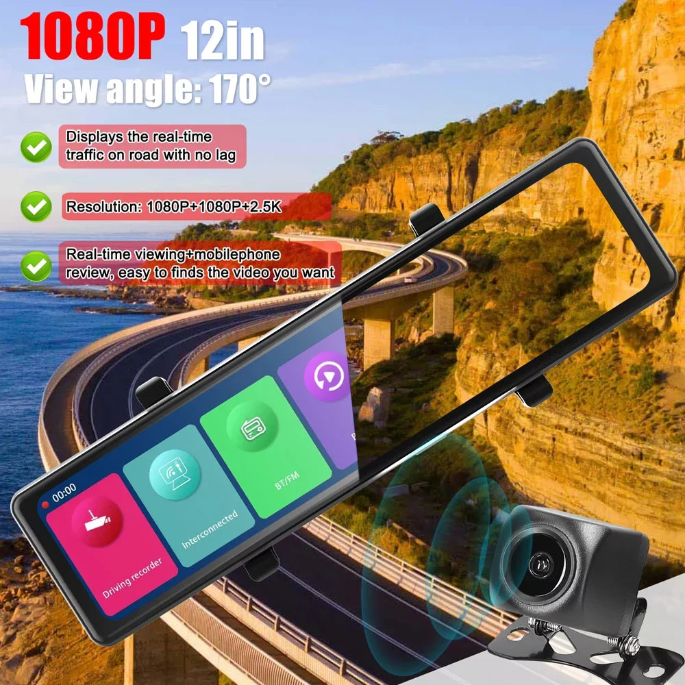 Carevas 3 Cameras Dash Cam 12in 2.5K Clear Car Rearview Mirror Car Video Recording Touched Screen Car Recorder Carplay Auto Driving Recorder