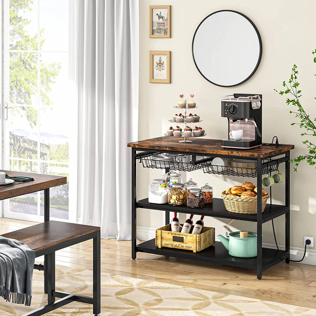 TJUNBOLIFE Kitchen Island with Industrial Island Table with Power Outlets and Wire Baskets 3 Tier Microwave Oven Stand Butcher Block Island with Large Worktop 4 Hooks Rustic Brown