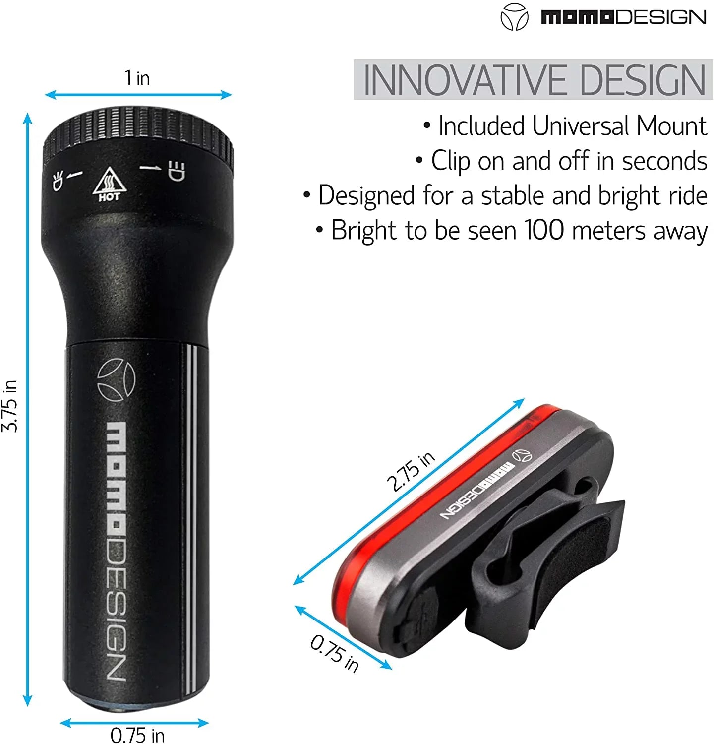 MOMODESIGN Bike Light KIT 300 USB Rechargeable, Headlight & Rear Light for Night Visibility, Weather Resistant, Designed for COMMUTERS