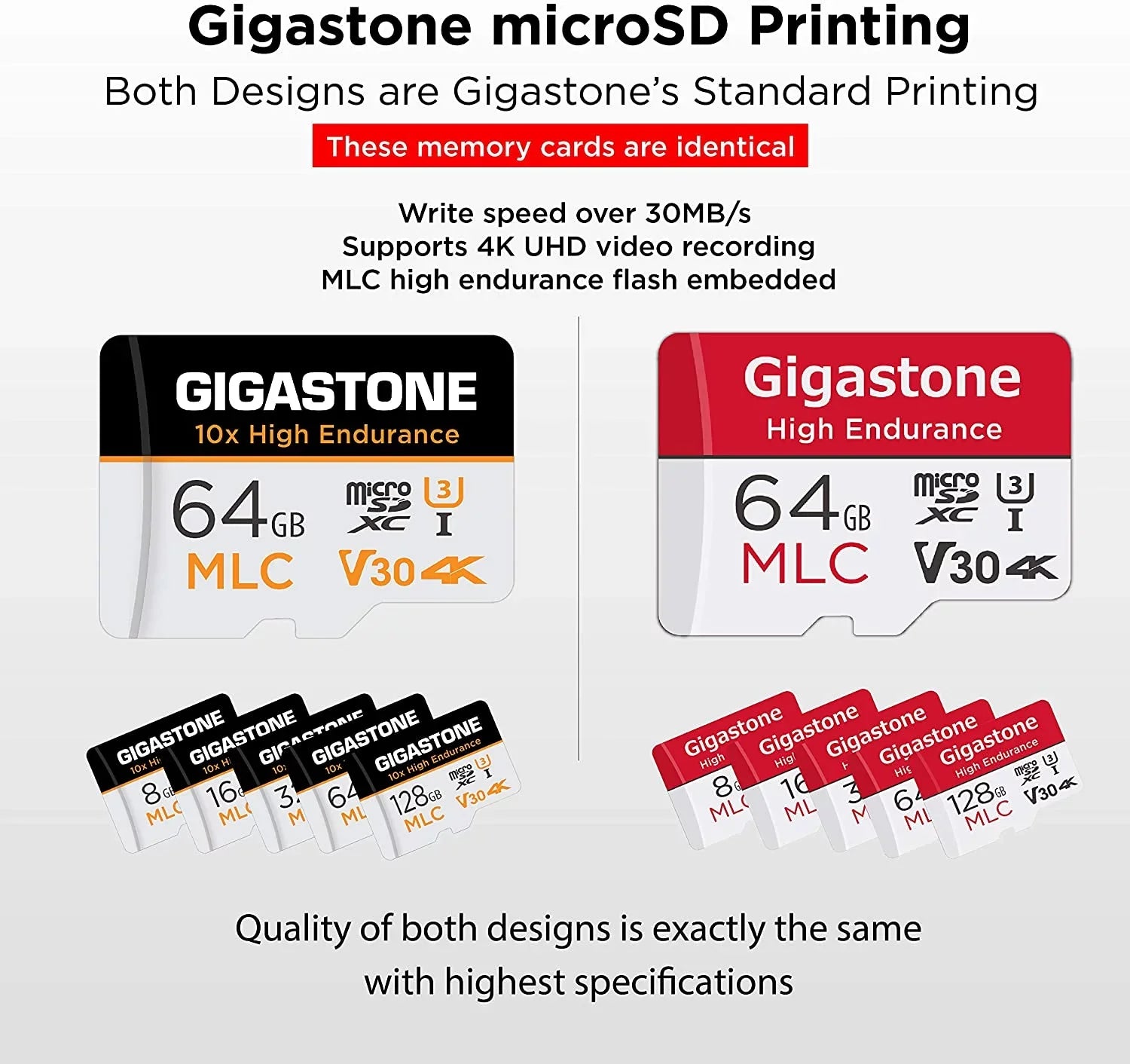 Gigastone 64GB MLC Micro SD Card, 10x High Termination (MLC) 4K Video Recording, Security Cam, Dash Cam, Surveillance Compatible 100MB/s, U3 C10, 2 Pack (2x64GB)