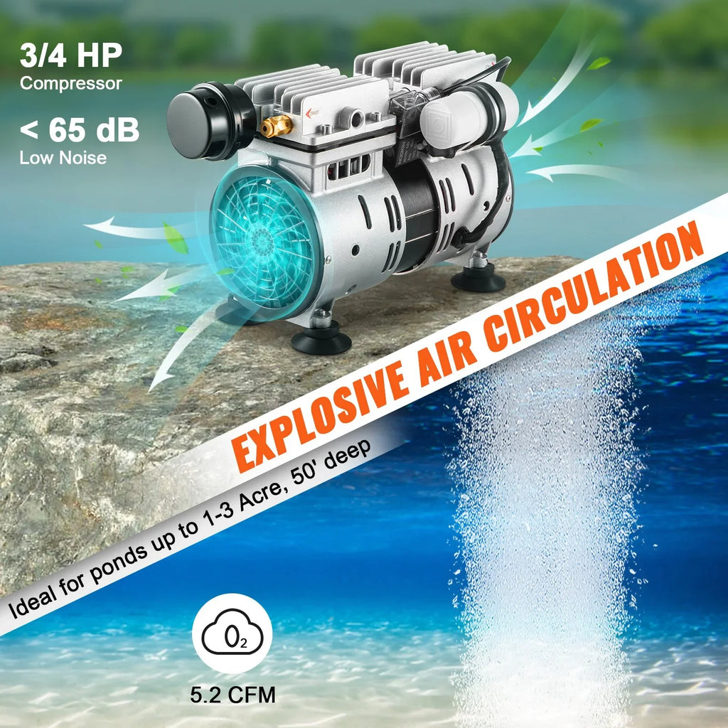VEVOR Pond Aerator Kit - 3/4 HP, 550W, 5.2CFM - Ideal for Up to 3 Acres of Lake and Pond Aeration