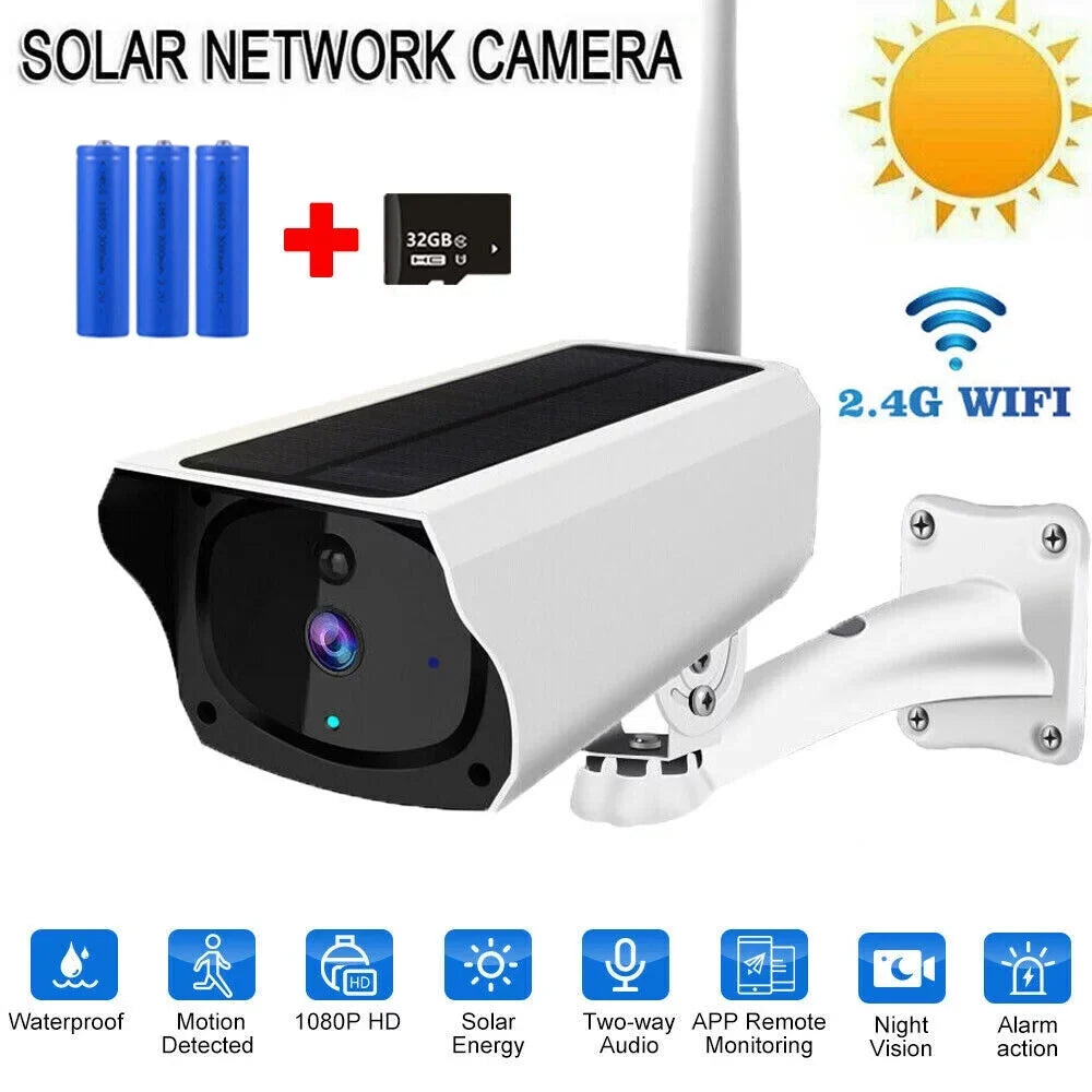 1080P Solar Powered Security Camera, Wireless Security Camera, WiFi IP Home Outdoor Security IP Camera Night Vision HD with 32GB Momery Card and 3 Pcs 18650 Batteries