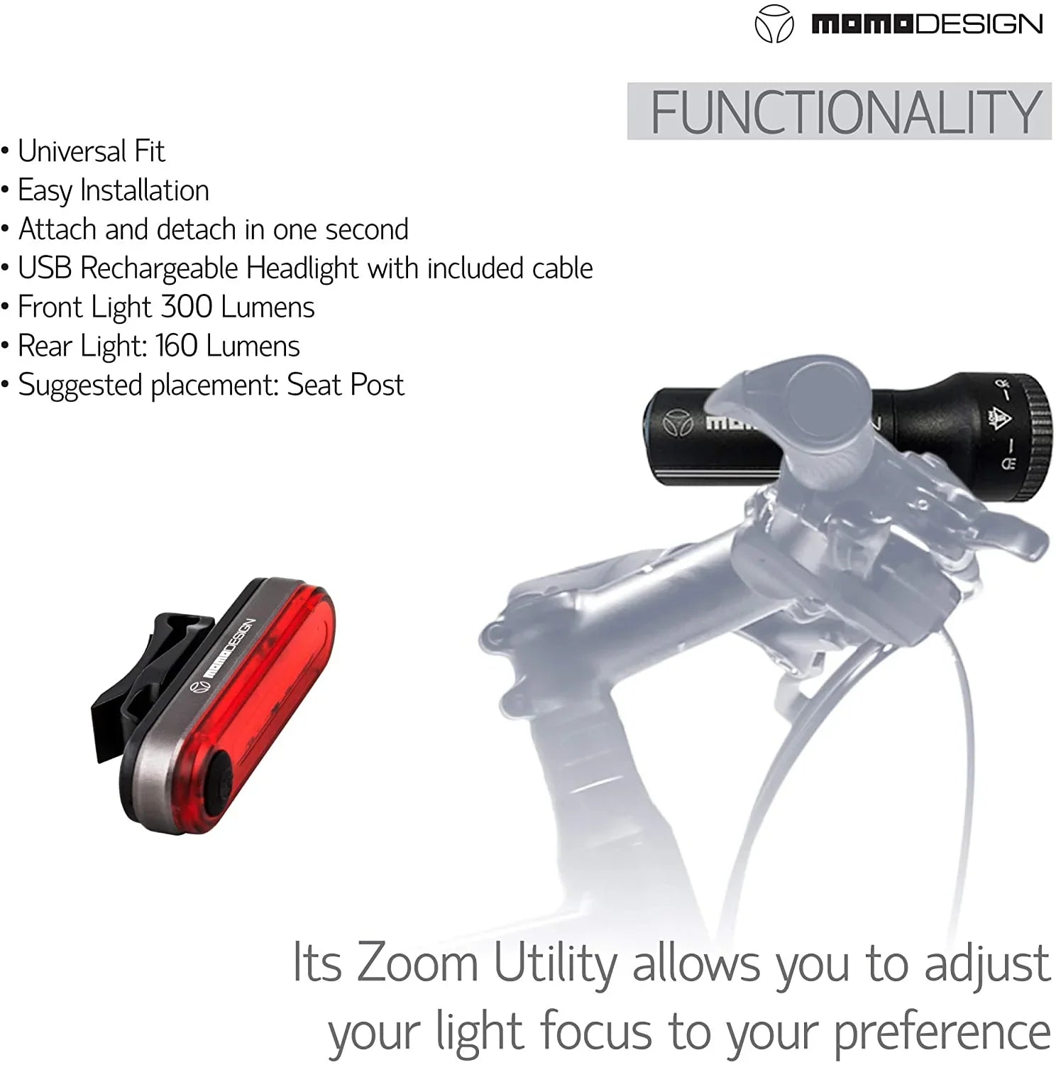 MOMODESIGN Bike Light KIT 300 USB Rechargeable, Headlight & Rear Light for Night Visibility, Weather Resistant, Designed for COMMUTERS