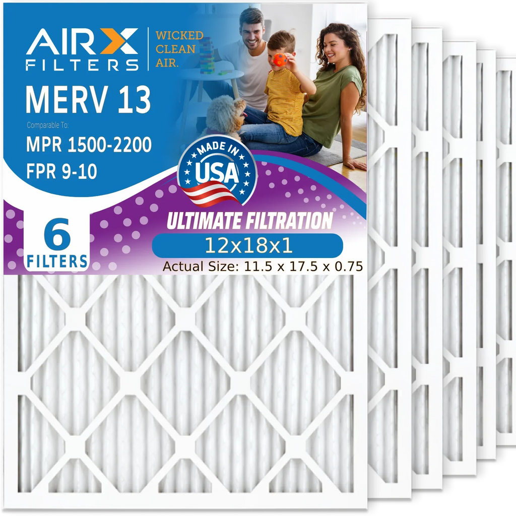 12x18x1 Air Filter MERV 13 Comparable to MPR 1500 - 2200 & FPR 9 Electrostatic Pleated Air Conditioner Filter 6 Pack HVAC AC Premium USA Made 12x18x1 Furnace Filters by AIRX FILTERS WICKED CLEAN AIR.