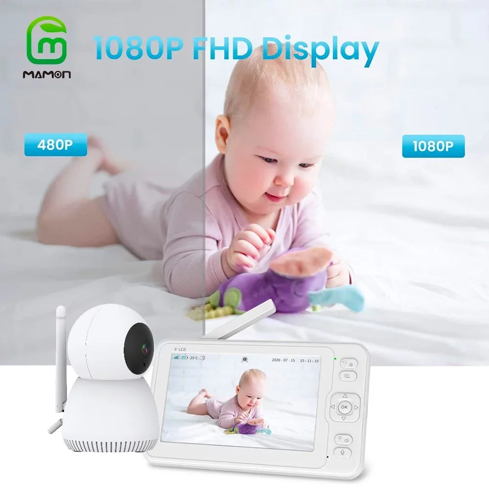 MAMON Video Baby Monitor with Camera and Audio 1080P 5" HD Display Two Way Talk PTZ Remote Large Battery Capacity