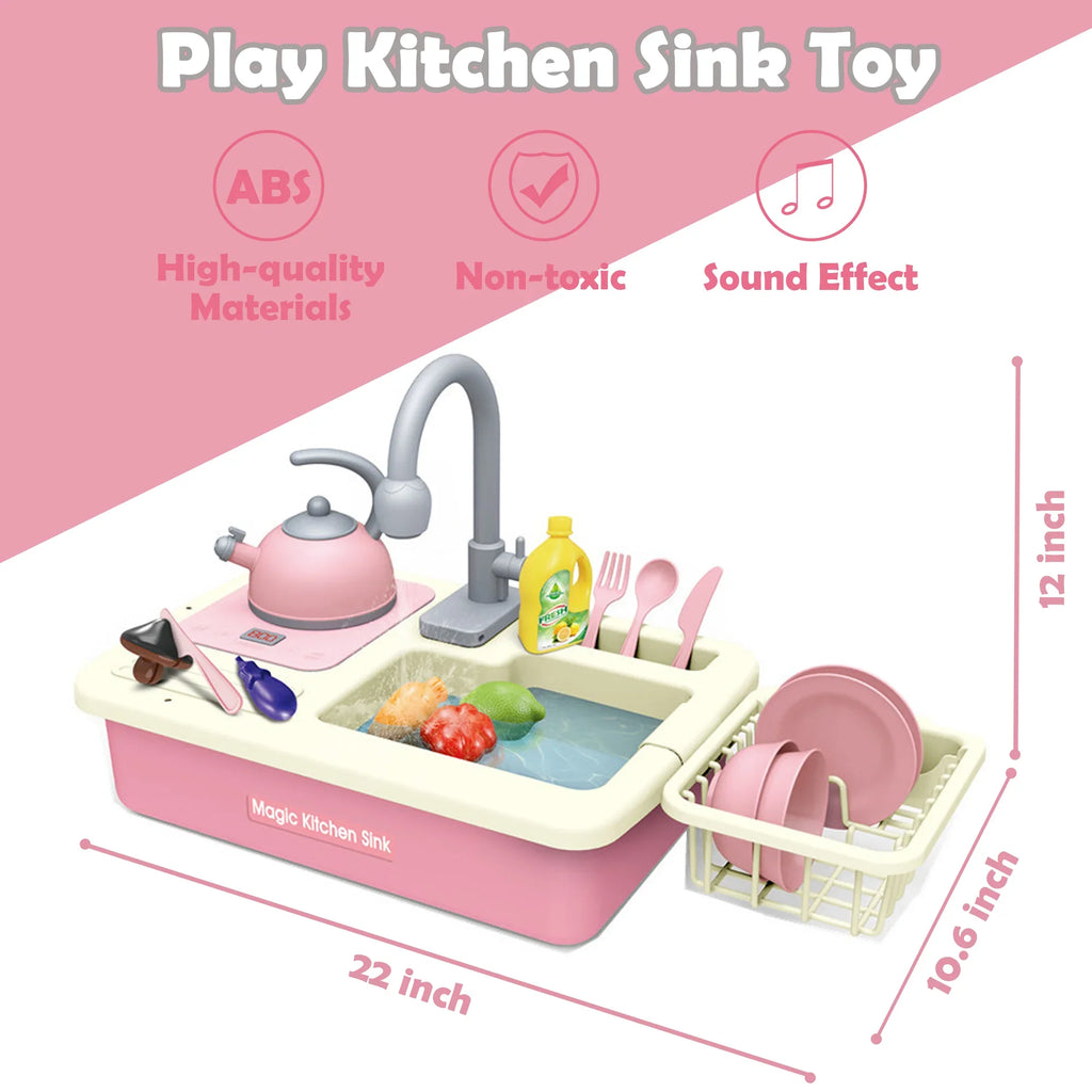 Richgv Edge Play Kitchen Sink Toys with Running Water, 23PCS Electric Water Sink Toy with Play Induction Cooker Play Cutting Food, Kids Kitchen Role Play Toys for Boys Girls