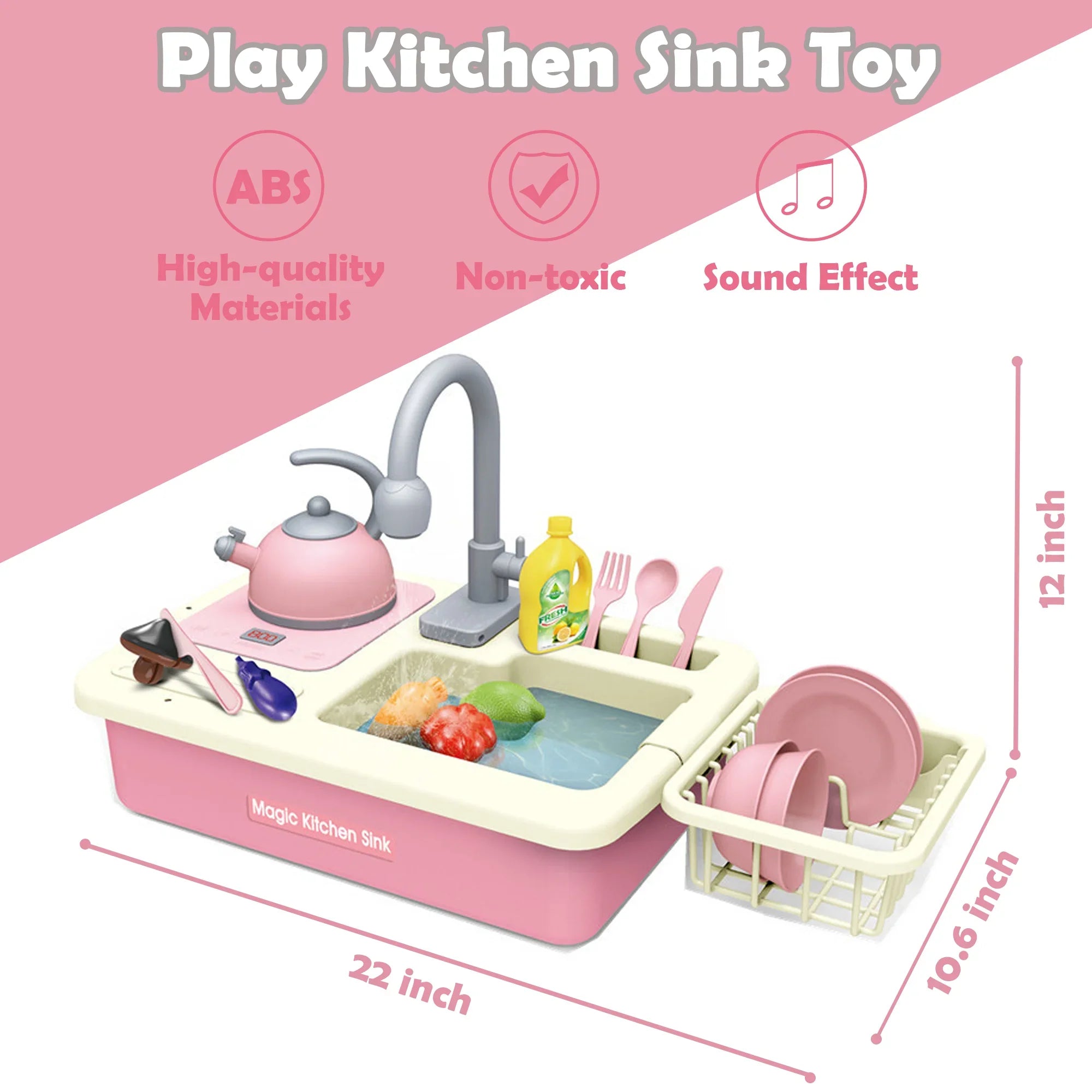 Richgv Edge Play Kitchen Sink Toys with Running Water, 23PCS Electric Water Sink Toy with Play Induction Cooker Play Cutting Food, Kids Kitchen Role Play Toys for Boys Girls