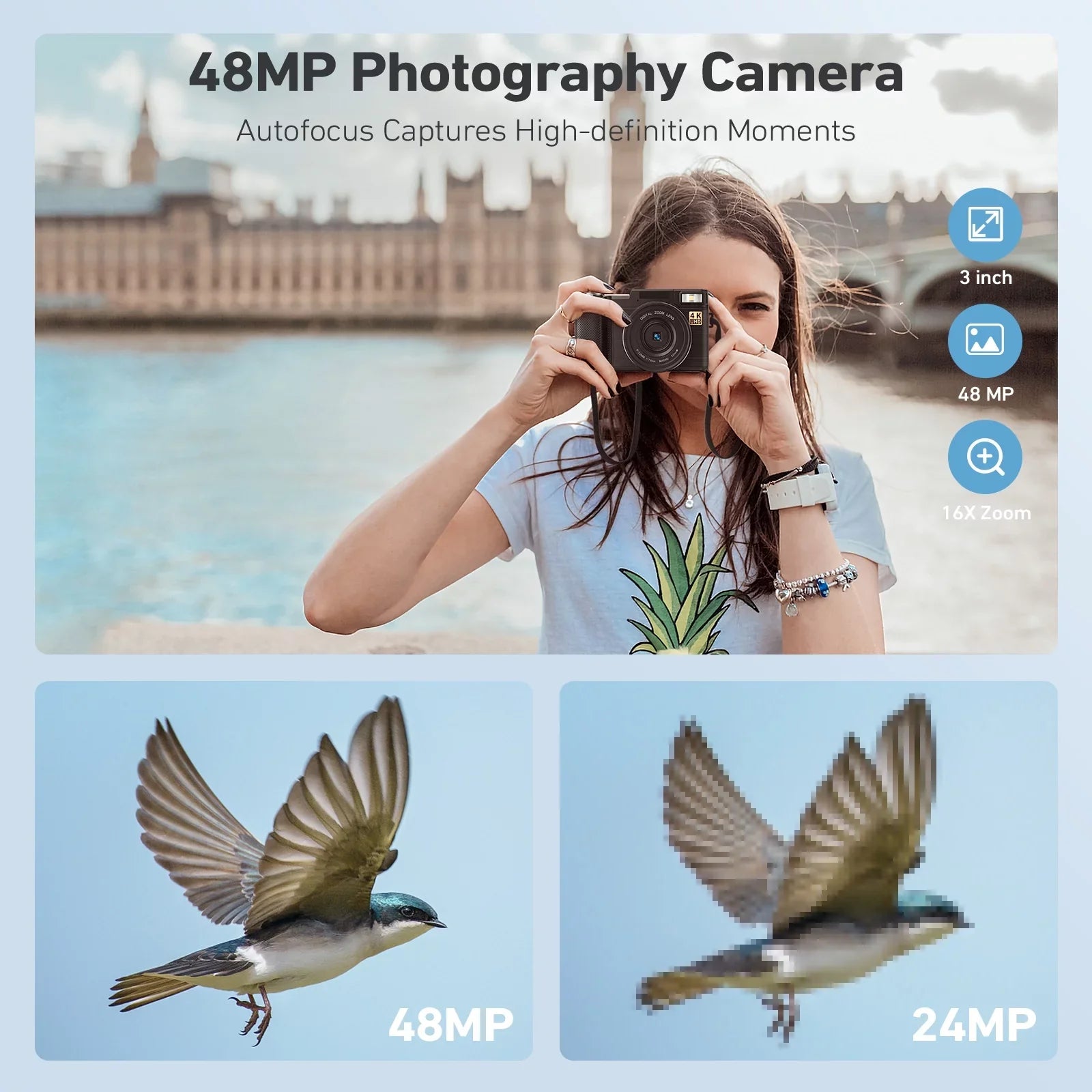 MARVUE Digital Camera 4K Vlogging Camera for YouTube 48MP 16X Digital Zoom with Macro Function & Liftable Flash, Photography Camera 3’’ 180°Flip Screen