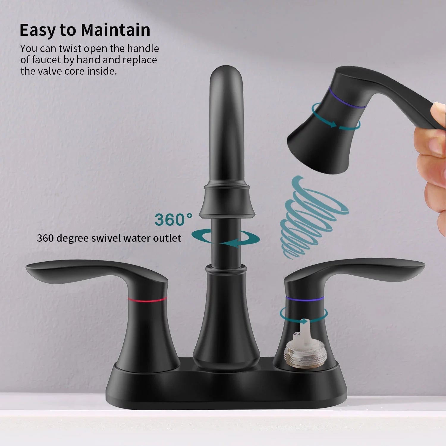 Kichae 6 Inch Vanity Sink Faucet，2-Handle 360 Degree Swivel Bathroom Spout Centerset Faucet with Pop-up Drain & Supply Hoses，Matte Midnight