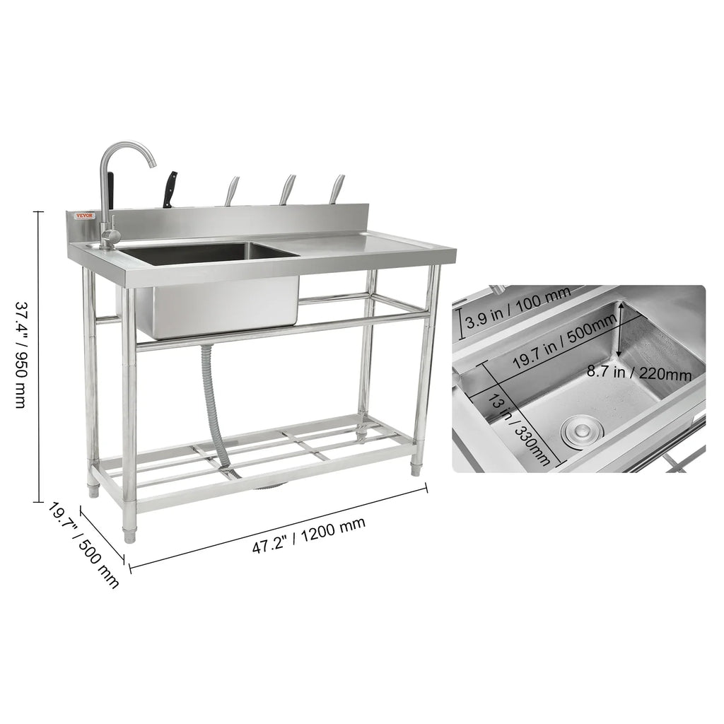 BENTISM Stainless Steel Utility Sink Single Bowl w/Workbench 47.2x19.7x37.4 in