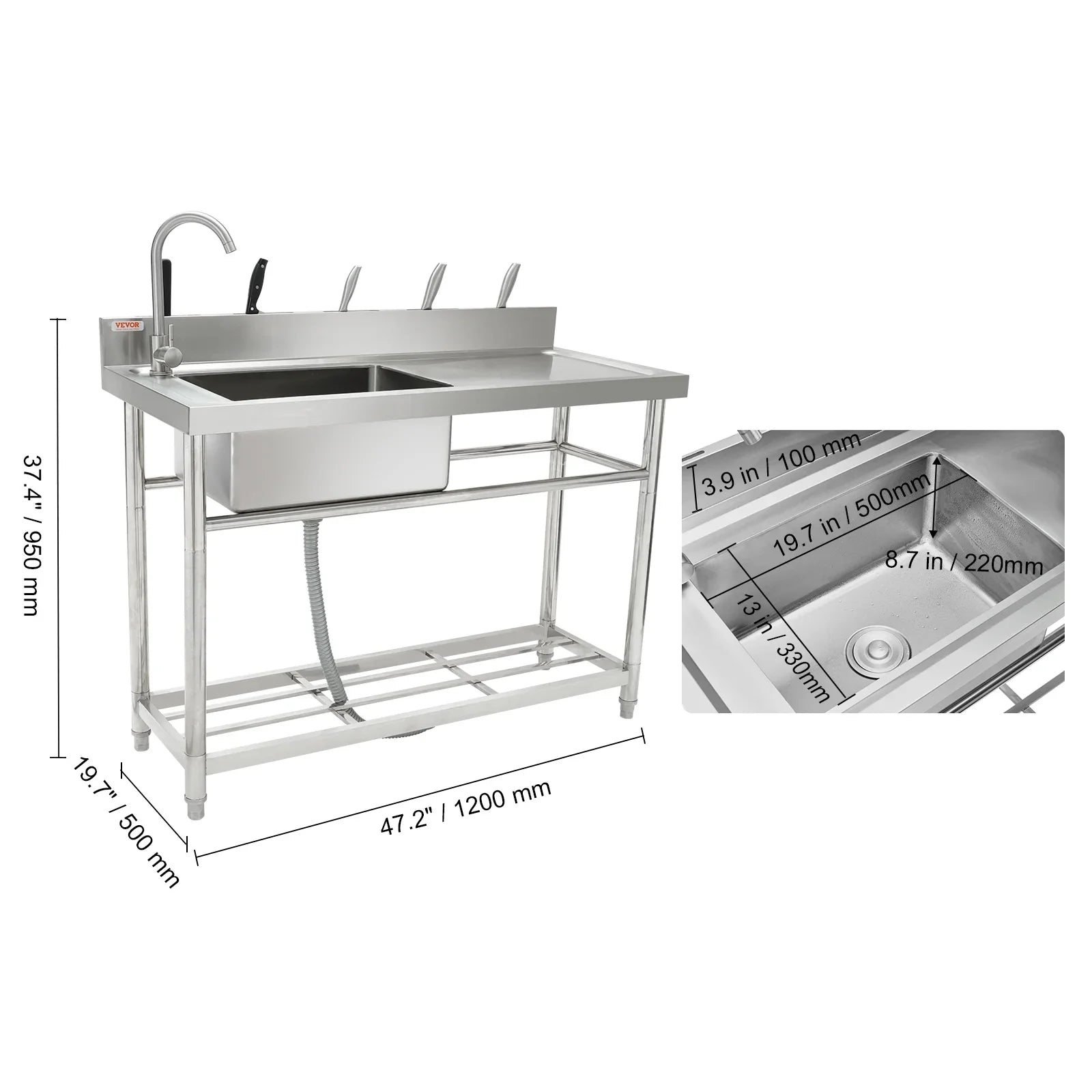 BENTISM Stainless Steel Utility Sink Single Bowl w/Workbench 47.2x19.7x37.4 in