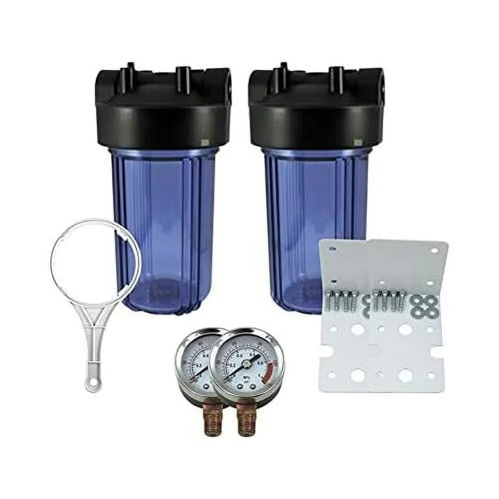2 Pack 10" BB Clear Whole House System Filter Housing 1" NPT Brass Ports W/Pressure Release, 2 Pressure Gauges, Wrench 2 Brackets