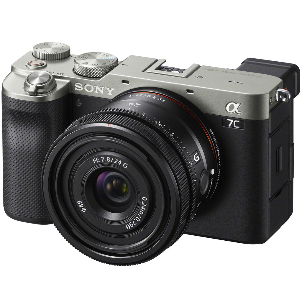 Sony a7C Mirrorless Full Frame Camera Body with Sony FE 24mm F2.8 G Compact Lens SEL24F28G Silver ILCE7C/S Bundle with Deco Gear Photography Backpack Case + Microphone + LED + Monopod and Accessories