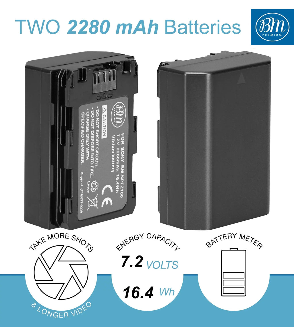 BM 2 NP-FZ100 Batteries and Dual Bay Charger for Sony a7S III, a6600, a7R IV, A7R III, A7R3, a7 III, Alpha A9, Alpha a9 II, Alpha 9R, Alpha 9S Cameras