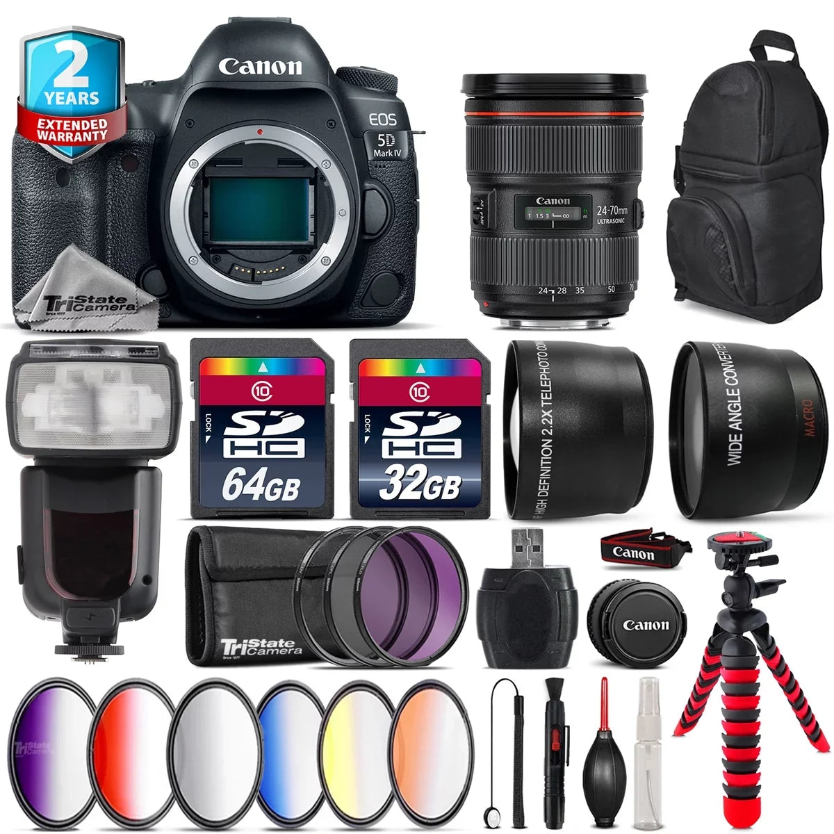 Canon EOS 5D Mark IV Camera + 24-70mm f/2.8L II + Pro Flash + 9PC Filter + 96GB