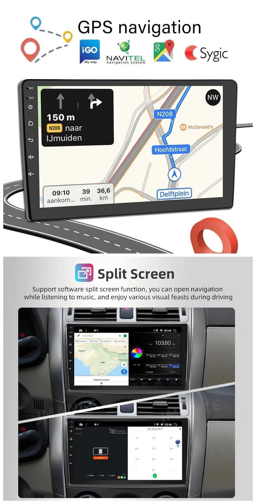 Android 2+32GB Car Stereo Wireless Carplay Android Auto Double Din Radio 9" 1280*720 IPS Screen WiFi GPS Navigation Bluetooth USB FM/RDS Receiver AHD Backup Camera