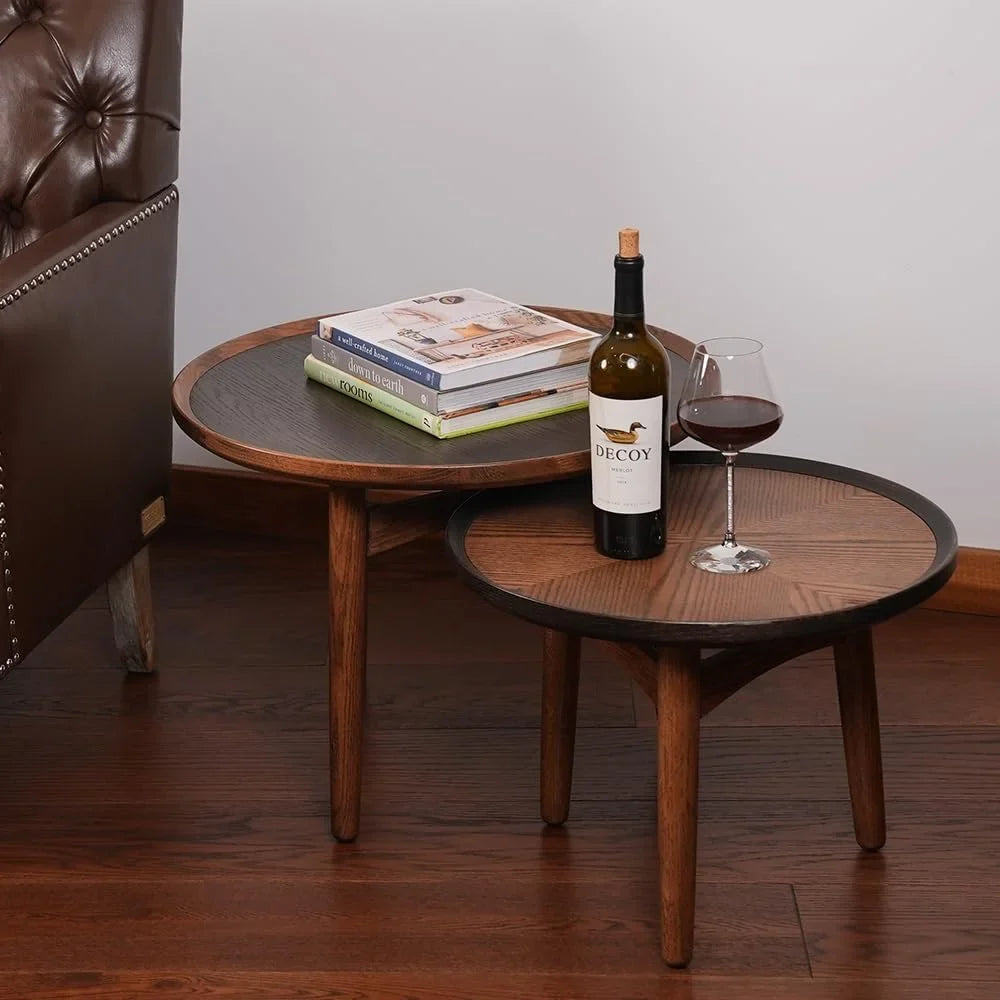 CONSDAN Nesting Table, Solid Oak Hardwood Structure Round Coffee Table & Side Table with Solid Wood Feet for Living Room, Bedroom, Balcony - Standard