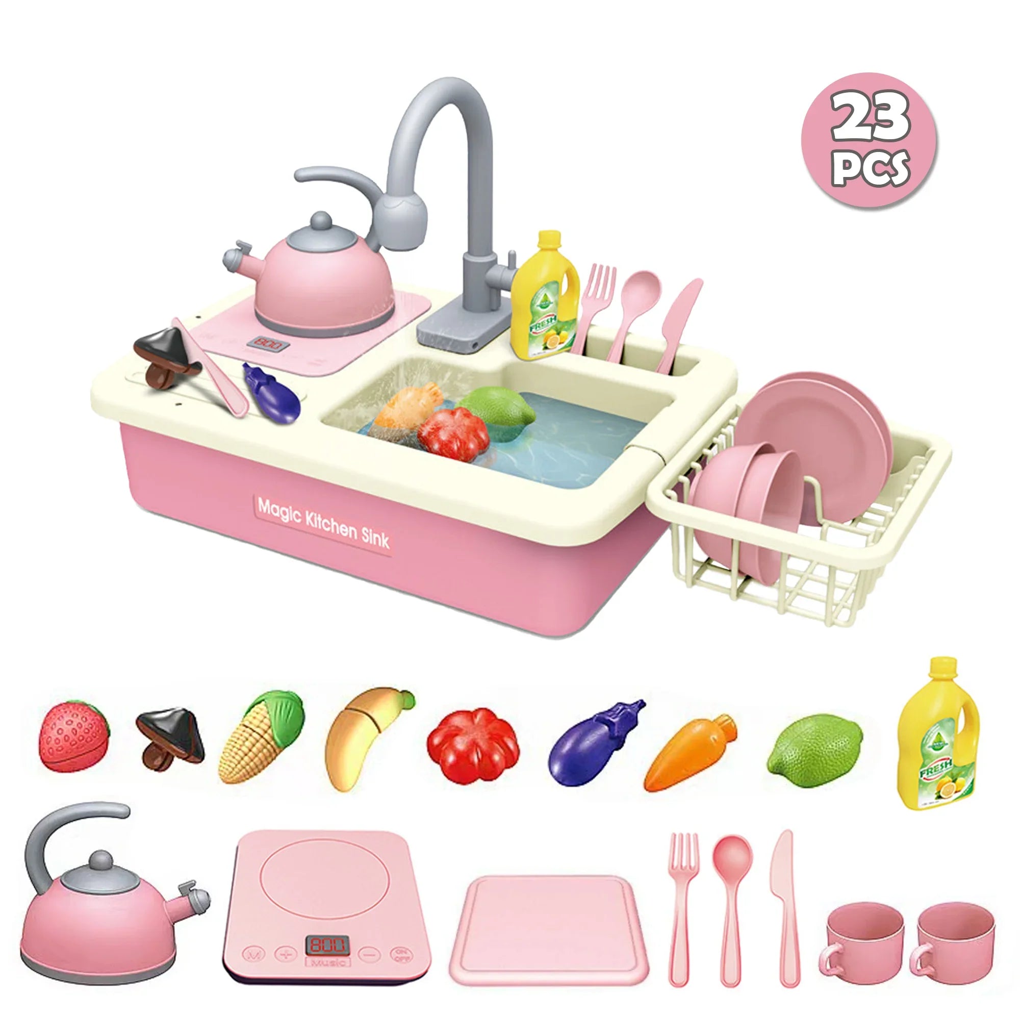 Richgv Edge Play Kitchen Sink Toys with Running Water, 23PCS Electric Water Sink Toy with Play Induction Cooker Play Cutting Food, Kids Kitchen Role Play Toys for Boys Girls