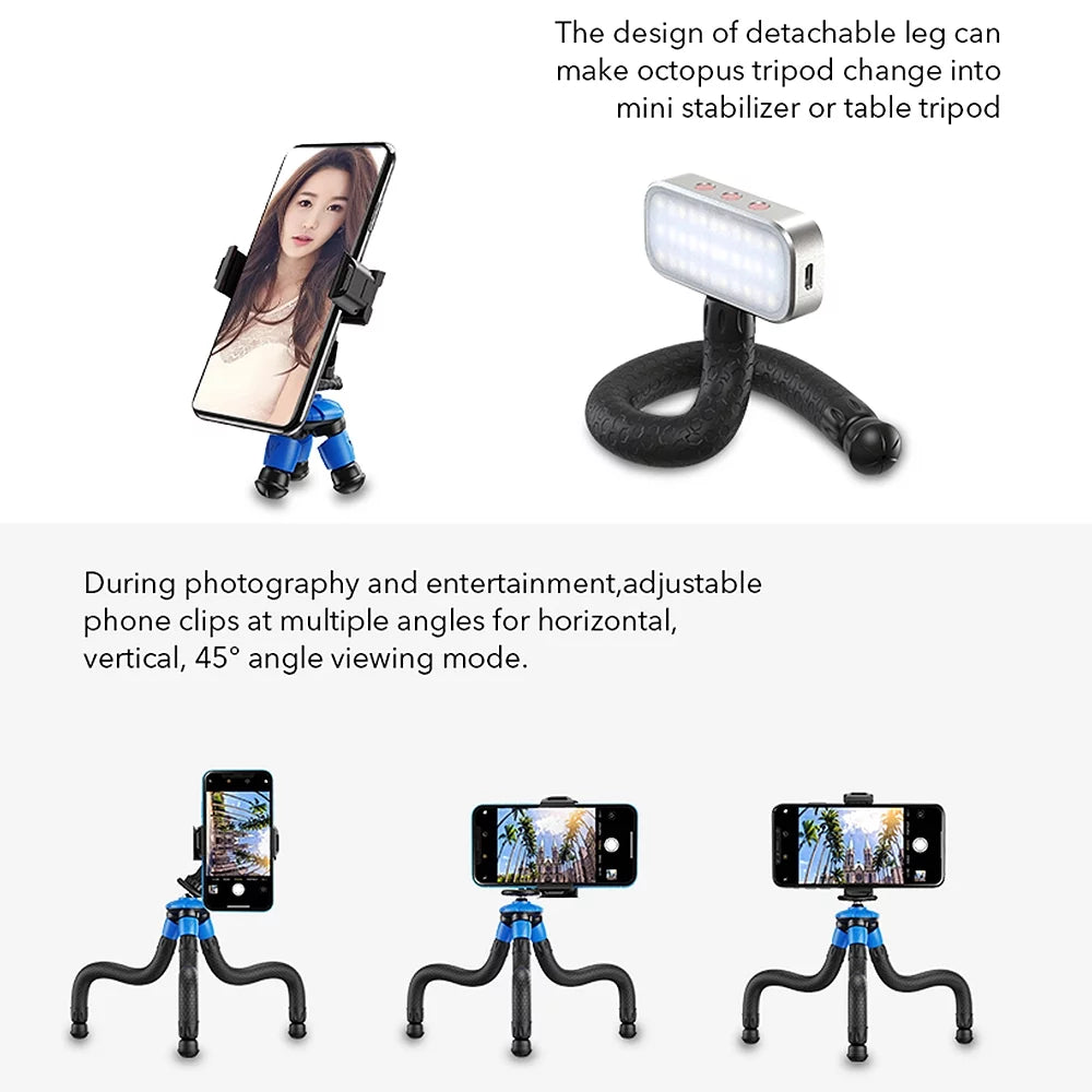 APEXEL APL-JJ07 Detachable Flexible Octopus Tripod Portable Travel Mobile Phone Tripod with Foldable Phone Clip Compatible with DSLR Max Load 3kg