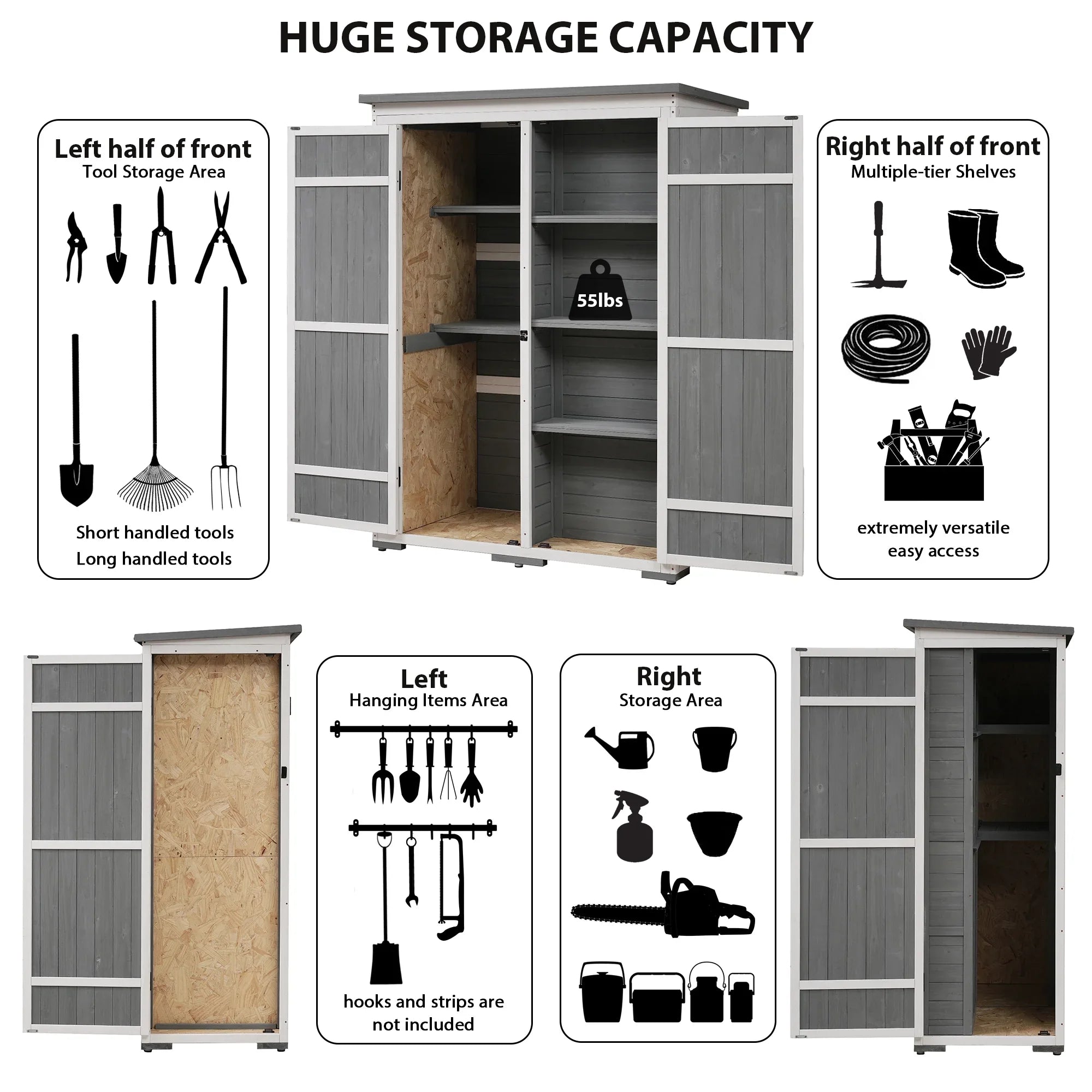 Homiyad Outdoor 5.5ft Hx4.1ft L Wood Storage Shed, Garden Tool Cabinet with Waterproof Asphalt Roof, Four Lockable Doors, Multiple-Tier Shelves, White and Gray