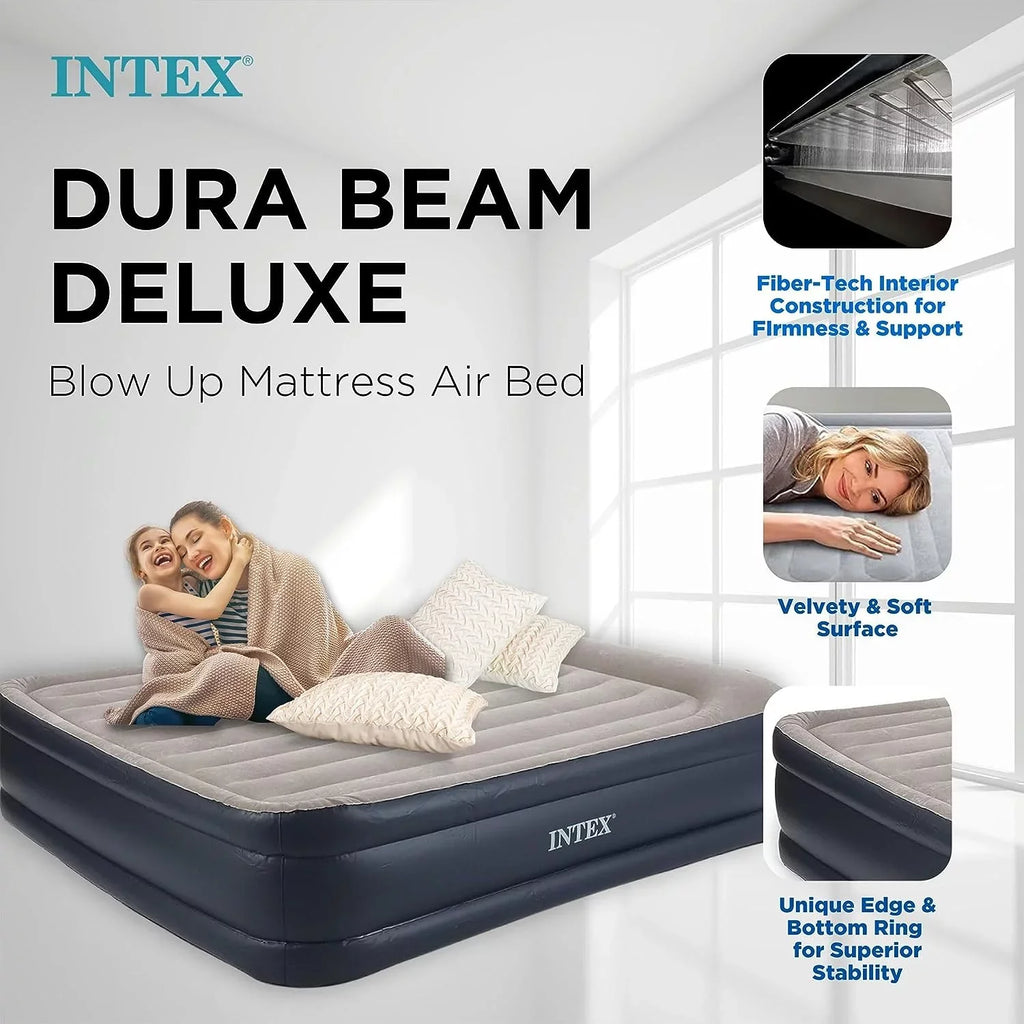 Deluxe Raised Pillow Inflatable Blow Up Portable Firm Air Mattress with Built-in Internal Air Pump, King-Sized Bed