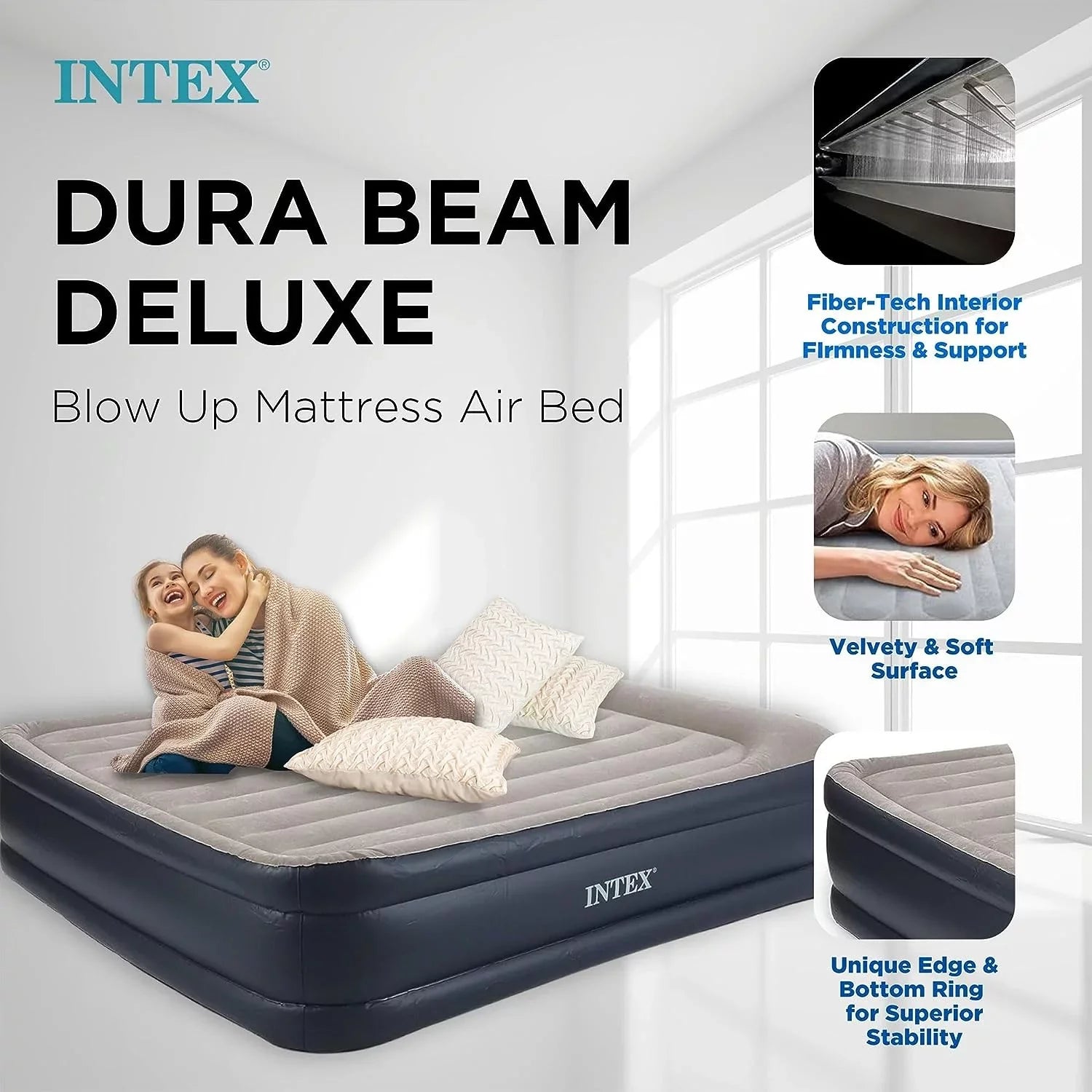 Deluxe Raised Pillow Inflatable Blow Up Portable Firm Air Mattress with Built-in Internal Air Pump, King-Sized Bed