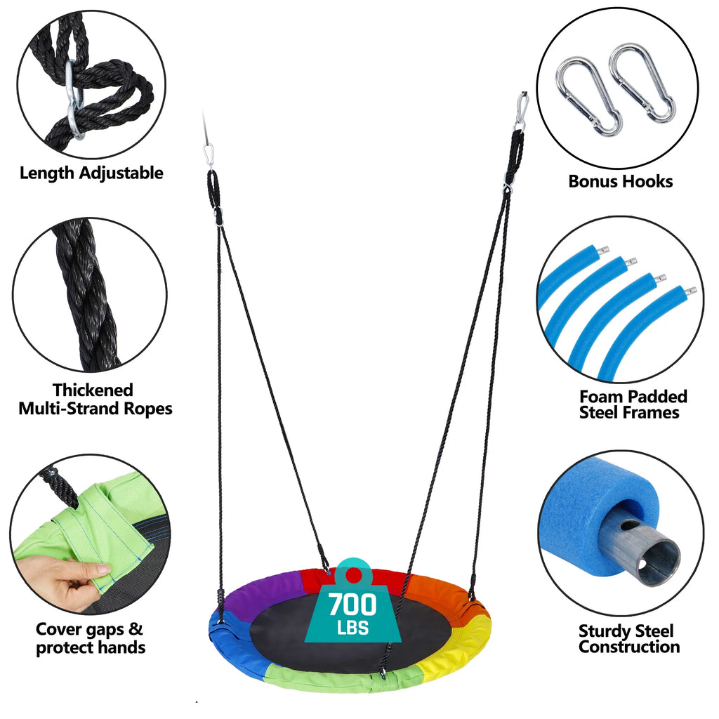 ZenSports 700lb Outdoor 40" Kids Saucer Web Tree Swing Set - 70’’ Adjustable Ropes 360 Rotate°, Steel Frame, UV Protection, Waterproof, Multi-Color Rainbow