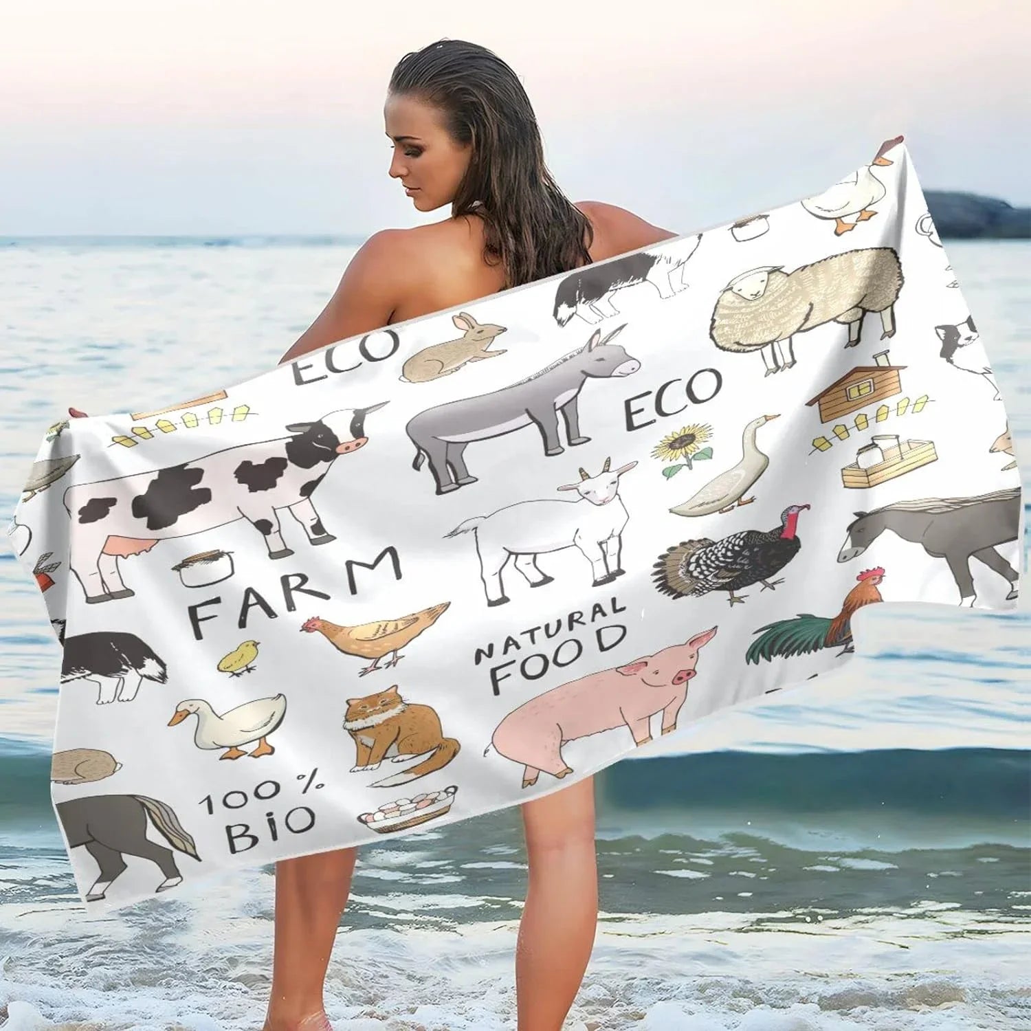 Bestwell Cool Farm Animals Beach Towel Oversized Towel Blanket, Thin Lightweight Microfiber Sand Free Quick Dry Towel, 31”X71” Multipurpose Pool Bath Yoga Swim Shower Towel