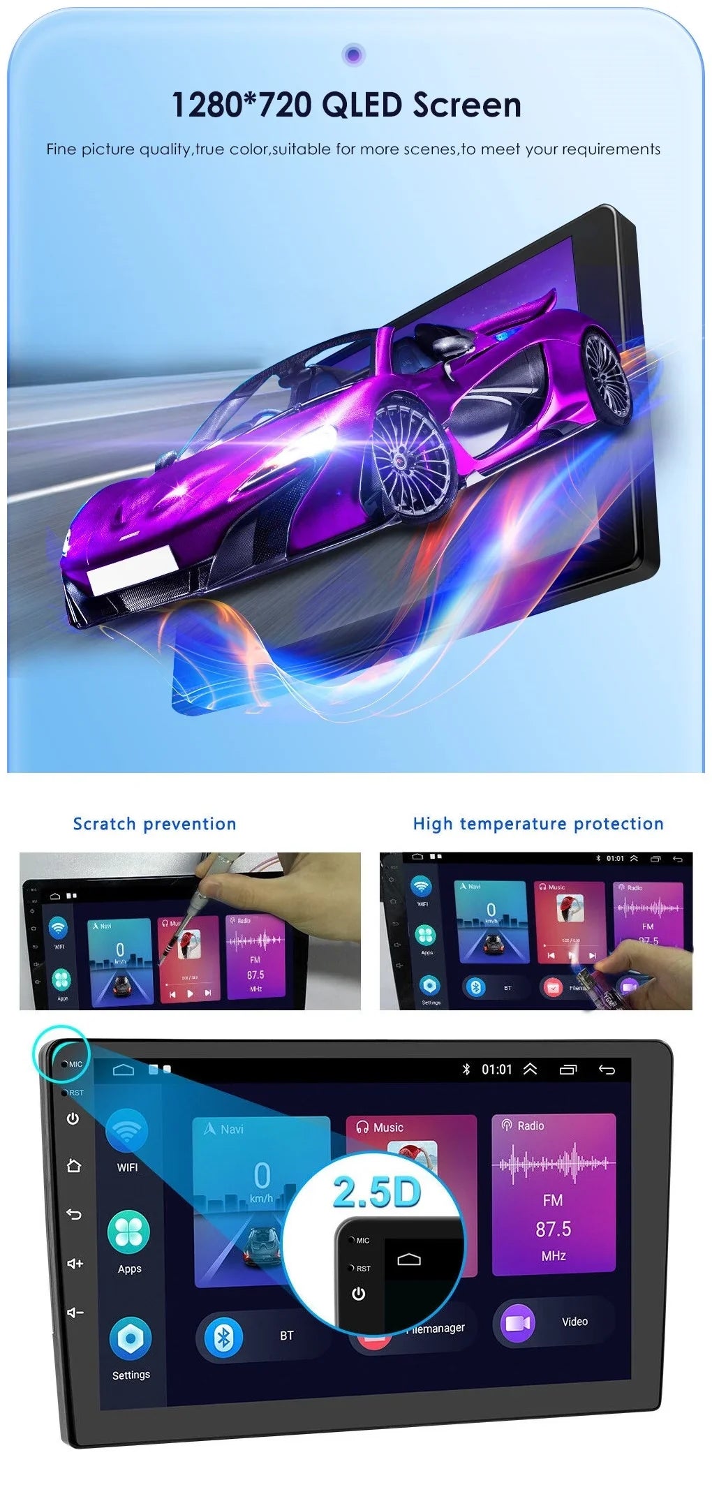 Android 2+32GB Car Stereo Wireless Carplay Android Auto Double Din Radio 9" 1280*720 IPS Screen WiFi GPS Navigation Bluetooth USB FM/RDS Receiver AHD Backup Camera